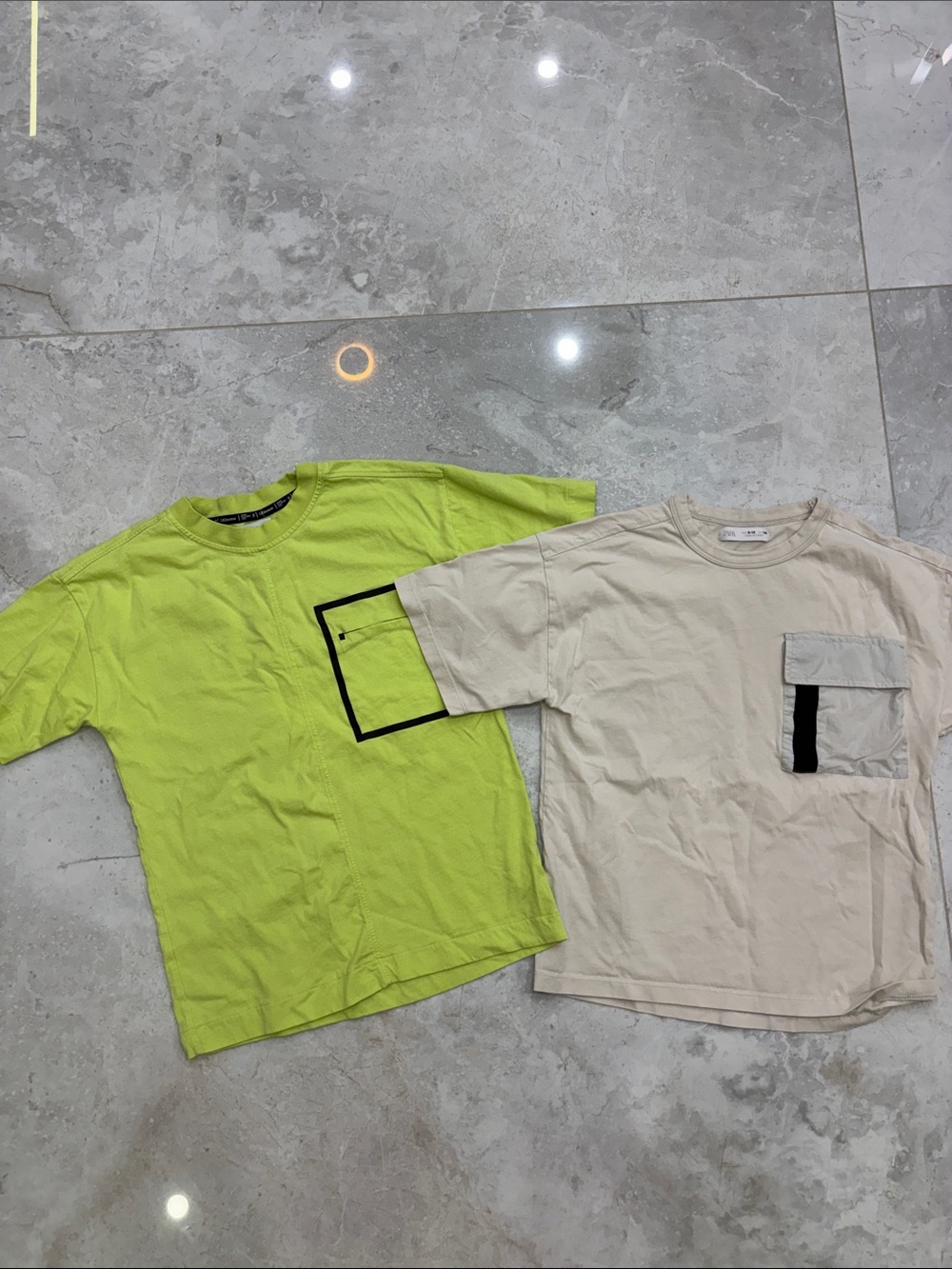 Zara Lime Green & Beige Short Sleeve Tees with Pocket Detail